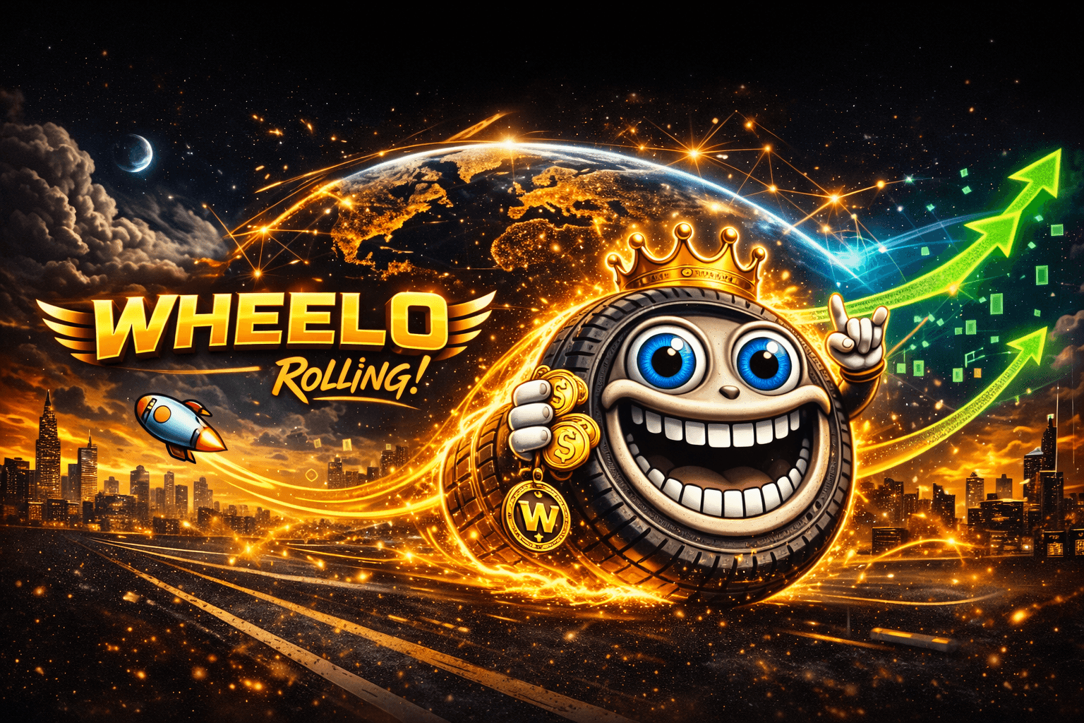Smiling crowned tire character holding gold coins rolls through a glowing futuristic space city landscape.
