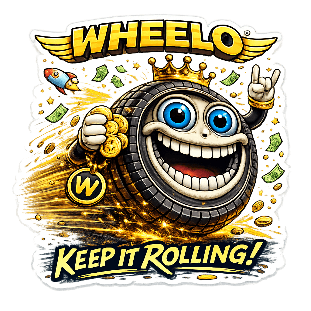 Smiling cartoon tire with crown, holding coins, rolling fast with text WHEELO, KEEP IT ROLLING!